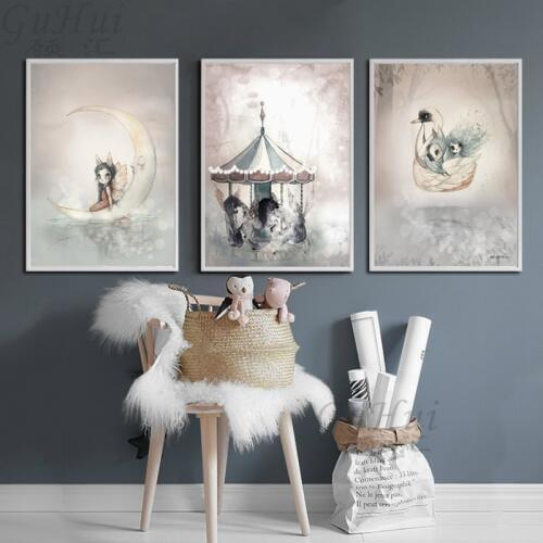 Nordic Modern Cartoon Moon Rabbit Girls Carousel Canvas Painting Spray Color Swan Art Poster Kids Baby Nursery Room Wall Picture