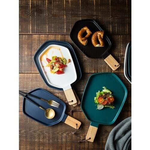 Creative Nordic Wooden Handle Plate Ceramic Western Dinner Plate Pizza Dessert Steak Dinner plate Set Household Dinner Plate