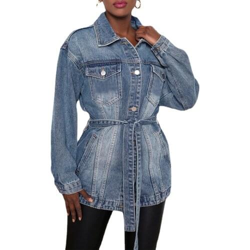 Puloru Women Oversized Denim Jacket Autumn Spring Casual Turn-Down Collar Long Sleeve Coats with Pockets and Waist Belt S-3XL