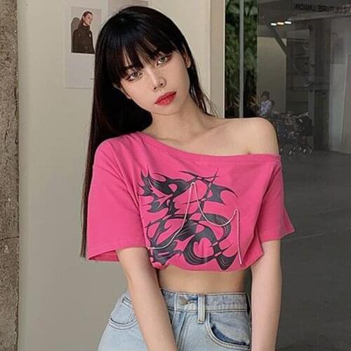 Summer Cropped Women Character Print Chains Harajuku T-shirt Basic Cotton Top Skew Collar Sexy Lady Gothic Short-length T Shirt