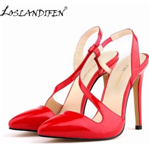 LOSLANDIFEN New Women Pumps Pointed Toe Stiletto High Heels Shoes Sexy Summer Autumn Ladies Red Wedding Leather 302-15PA