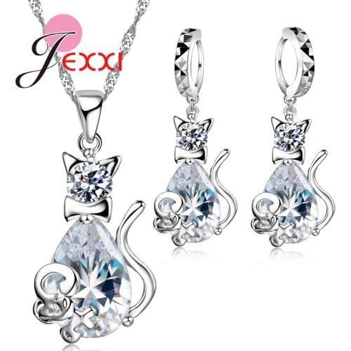 Cute White Cat& Mouse Jewelry Sets 925 Sterling Silver CZ AAA Cubic Zirconia Crystal Mother Days Gift Jewelry Sets El collar