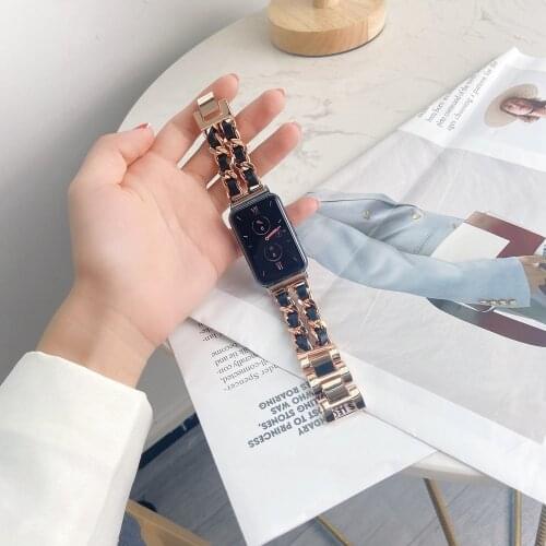 Fashion Double chain Strainless Steel Leather Band for Huawei Watch FIT Blacelet for Hua Wei Smart Watch fit Correa
