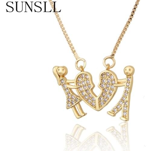 SUNSLL Fashion Broken Heart Pendant Necklace Womens Jewelry Gold White Cubic Zirconia Copper Necklace Girl Chain Gift