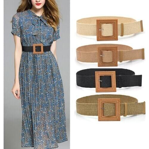 Summer Elastic Imitate Woven Straw Waist Belts Square Buckle Adjustable Woven-straw Waistband Bohemian Beach Dress Belts Hot