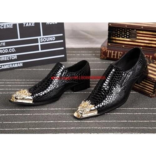 Luxury Brand Italian Shoes Men Leather Loafers Gold Steel Toe Metallic Mens Shoes High Heels Snake Skin Dress Wedding Shoes