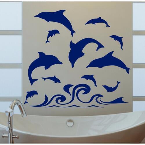 Dolphins Waves Sea & Ocean Blue Bathroom Childrens Bedroom Home Decal Removable Vinyl Art Wall Sticker Autocollant Mural B085