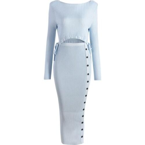Chic Design Women Summer Sexy Umbilical Slit Long-Sleeved Slim Maxi Dress Blue Boutton Knitted Dresses 2021 Vintage Vestido