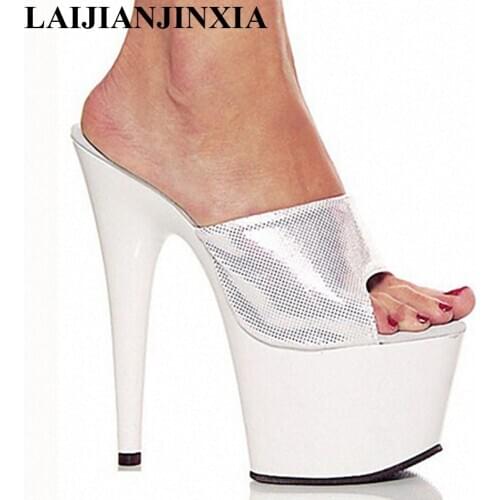 LAIJIANJINXIA NEW SHOES Fashion grid the lacquer that bake 17 cm Thin Heels womens Slippers catwalk photographs wedding shoes