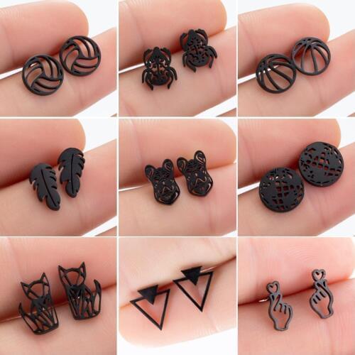 SMJEL Mutiple Style Punk Black Earrings for Women Men Small Stainless Steel Cat Dog Earrings World Map 2020 Fashion Jewelry Stud