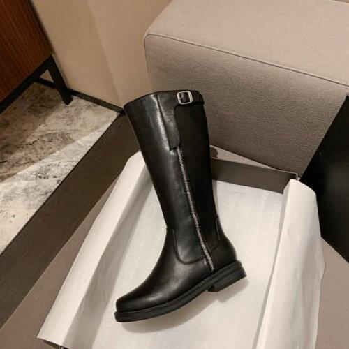 2021 Knee High Boots Women Genuine Cow Leather Side Zipper Round Toe Lady Winter Fashion Long Boots Handmade