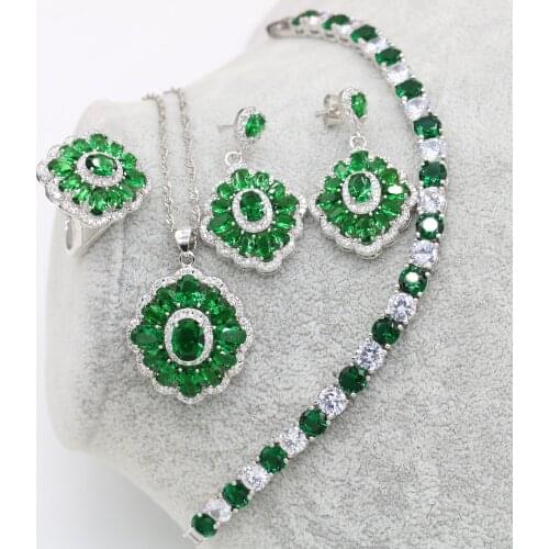 XUTAAYI Earrings 925 Silver Wedding Jewelry Sets For Women Green Emerald Bracelet Rings Bridal Pendant Necklace Set
