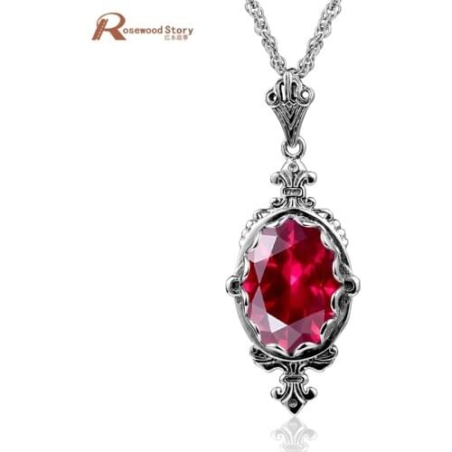 Women Fashion Retro Necklace Pendant Jewelry Lab Ruby Stone Classic Necklace Real 925 Sterling Silver Austrian Crystal Pendant
