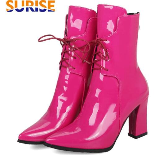 Winter Women Mid-calf Boots High Block Heels Pointed Toe Black White Patent Leather Casual Party Office Ladies Zipper Half Boots