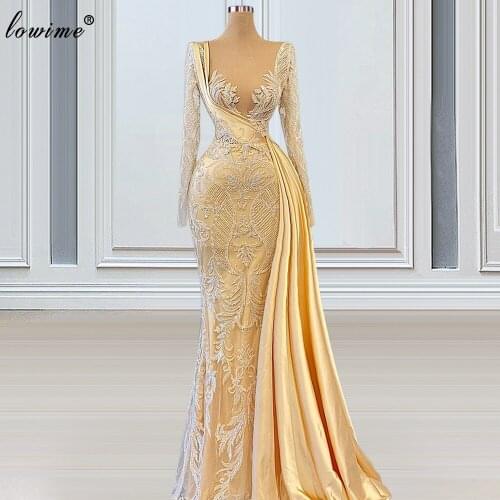 2 Designs Muslim Long Sleeves Evening Dresses Mermaid Champagne Evening Gowns Vintage Prom Dresses 2021 Suknie Wieczorowe