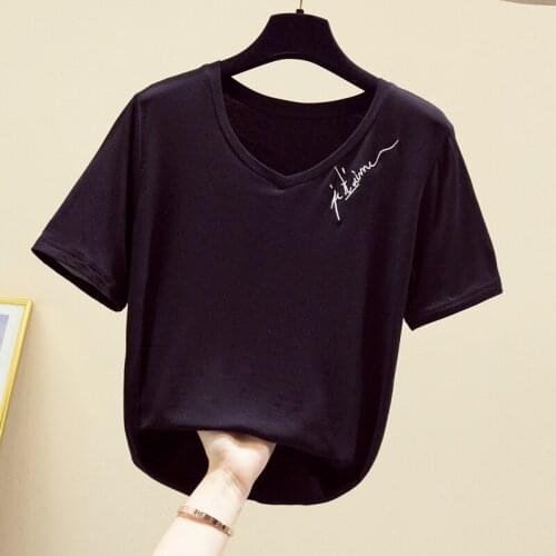 2021 Summer New Style V-neck Short Sleeve Small Embroidery Clothing Ladies T-shirt Harajuku Graphic Clothing Ladies Top