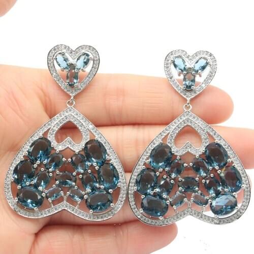 59x40mm 2020 Hot Sell Long Big Created London Blue Topaz CZ Womans Party Silver Earrings