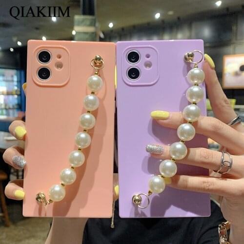 Pearl Bracelet Hand Holder Cover for iPhone 12 11 Pro Max XS XR X 8 7 Plus Fashion Square Candy Color Wristband Strap Phone Case