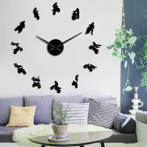Dirt Racing Motorcycle Super Dirtbiking Wall Art Stickers DIY Big Wall Clock Wall Decor Slient Sweep Clock Biker Gift