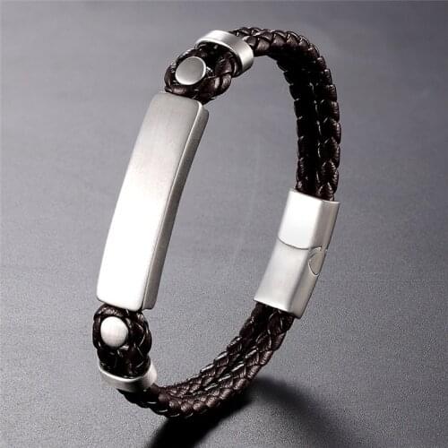 2019 Classic Stainless Steel Bracelet Men Jewelry Brown Weave Leather Bracelet Magnetic Clasp Male Bangles Women Exquisite Gift