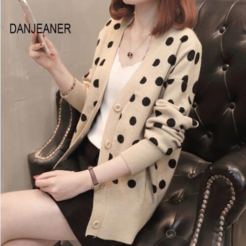 DANJEANER Classic Dot Printed V Neck Knitted Cardigan Autumn Winter Warm Long Sleeve Sweaters Korean Style Women Tops Pull Femme