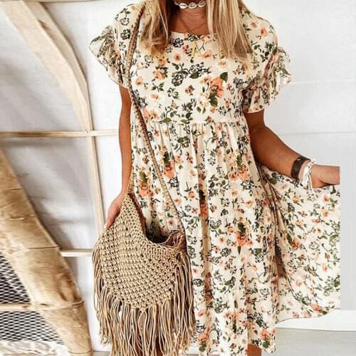 Summer Womens Floral Print Midi Dress Caual Butterfly Sleeve Female Folds Dresses 2021 Ladies Fashion Boho Beach Vestido