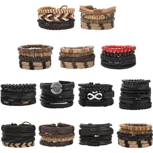 Mens Bracelet Leather Bangles For Men Magnetic-Clasp Cowhide Braided Multi Layer Wrap Bracelet Man Pulseras Para Hombre