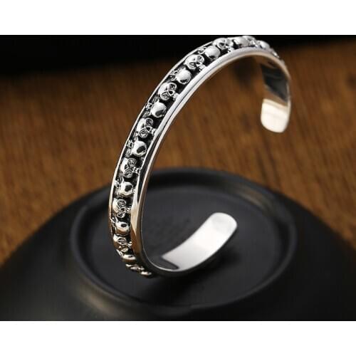 925 Sterling Silver color Color Punk Rock Bangles For Men Skull Skeleton Carving Solid Heavy Cuff Bracelet Opening Bracelet