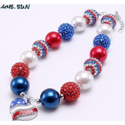 MHS.SUN Fashion Forth July Girls Kids Beads Necklace With Heart/Five Star Pendants Child Chunky Beaded Necklace Blue/Red Color