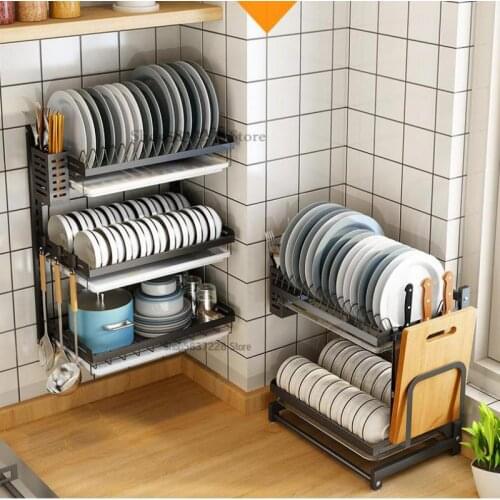 Free punching put dish rack wall-mounted hanging dish drain rack plate tableware storage box stainless steel kitchen rack