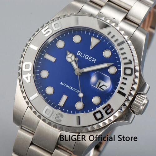 Casual BLIGER 43mm Blue Dial Silver Color Ceramic Bezel Stainless Steel Strap MIYOTA Automatic Movement Mens Watch