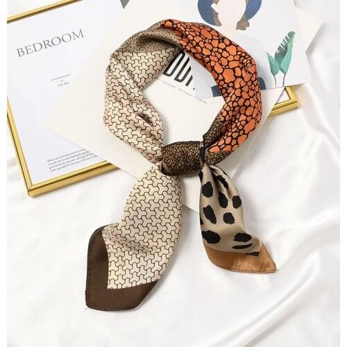 Silk Scarf For Women Leopard Print Small Square Bandana Satin Handkerchief Muslim Scarves Female 2020 Autumn Shawl Chiffon Hijab