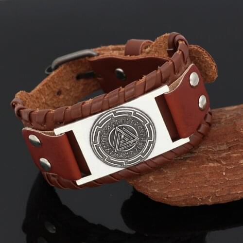 Nordic viking odin symbol valknut rune leather amulet bracelet with Valknut Gift bag - size 19-25 cm
