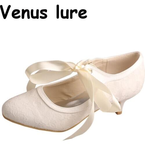 Venus lure Lace Ivory Ladies Size 10 Court Shoes with Ribbon Bridal Shoes