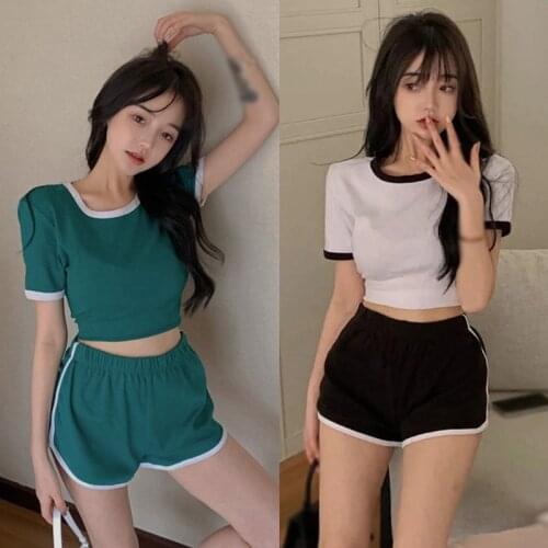 2PCS Womens Casual Crop Top High Waist Shorts Sports Slim Tops Hot Pants Set