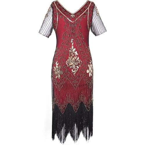 Retro Vintage Plus Size 1920s Gatsby Sequins Beaded Long Fringe Art Deco Roaring Party 20s Flapper Party Dress for Women