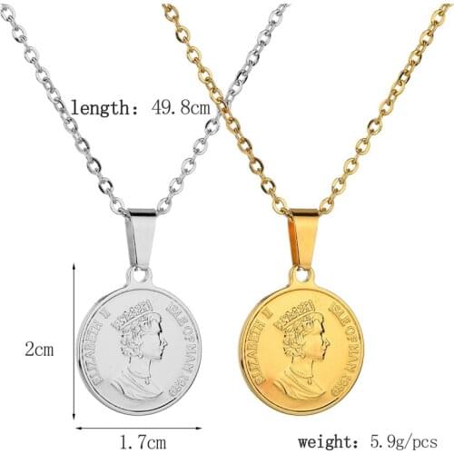 AsJerlya Stainless Steel Women Necklace Gold Color Pound Elizabeth II, Coins Mujer Collar Choker Vintage Jewelry 2021 New