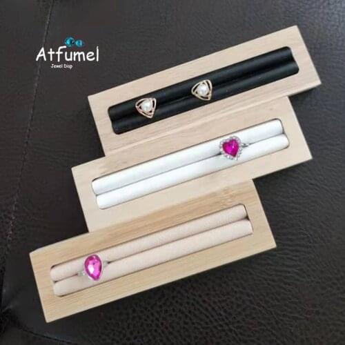 1 Slot Bamboo Jewelry Storage Box Faux Leather Ring Earring Display Case Vertical Horizontal Ring Earring Holder Storage Tray