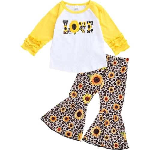 2020 1-6Y Fall Sunflower Toddler Baby Girl Clothes Love Print Ruffle Long Sleeve T-shirt Tops Leopard Print Flare Pants 2pcs Set