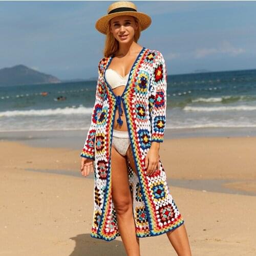 2021 Handmade Crochet Beach Cover Up Sexy Hollow Out Knitted Tunic Swimsuit Coverup Womens Beach Sarong Robe De Plage A469