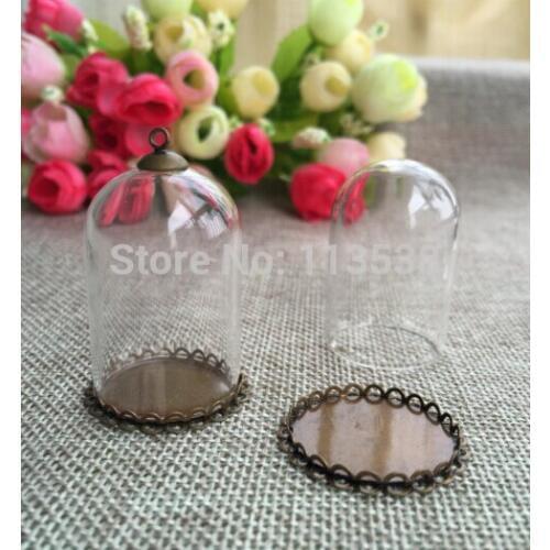 25*18mm Clear Small Dome Cloche Glass Bottle Pendant Bronze Base and Top Terrarium Bottle Charm Apothecary Jewelry Supplies