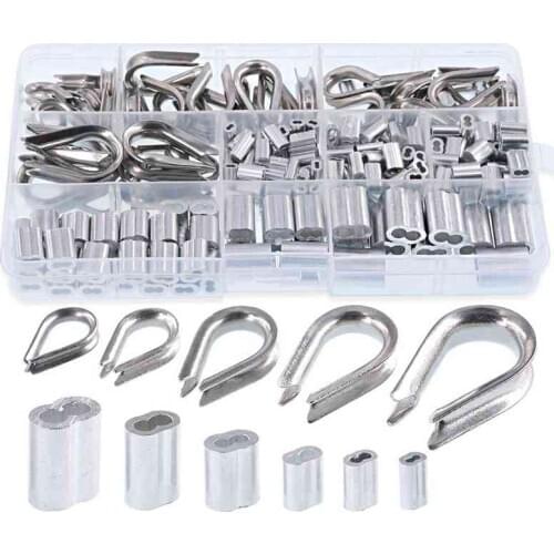 250Pcs Wire Rope Cable Thimbles Combo and Aluminum Crimping Loop Sleeve Assortment Kit for Wire Rope Cable Thimbles Rigging