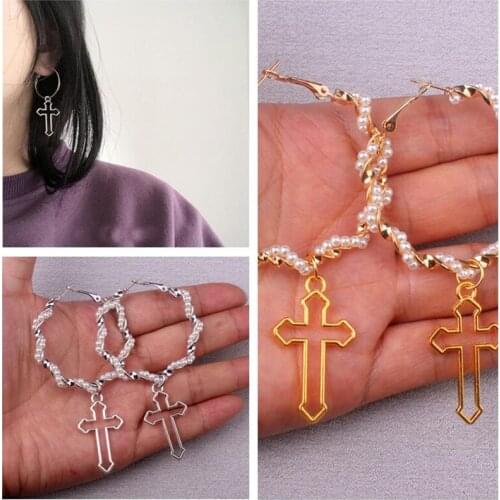 30MM Hip Hop Trendy Cross Hoop Earrings For Women Simulated Pears Hoop Earring Girls Jewelry Gifts Alloy di234