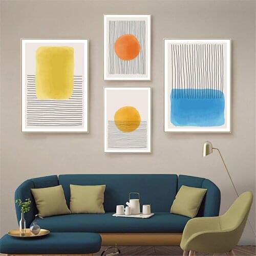 Orange Yellow Blue Abstract Line Art Canvas Painting Multicolored Geometry Prints Minimalist Wall Art Poster Pictures Home Decor