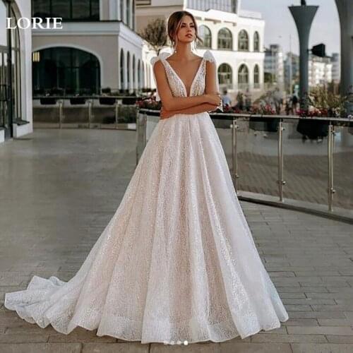 LORIE Shiny Lace Wedding Dress Sexy V Neck Glitter Tulle Backless Bride Dress Weeding Gowns vestidos de novia 2021