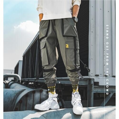 Men Cargo Pants 2020 Autumn Ribbons Streetwear Hip Hop Joggers Pants Fashion Overalls Baggy Pockets Trousers Adult Hot Sale
