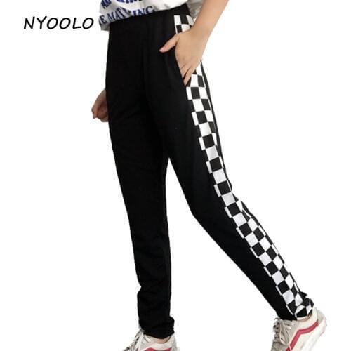 NYOOLO Novelty design streetwear pants Black and white plaid personality patchwork elastic waist hip hop pants women/men