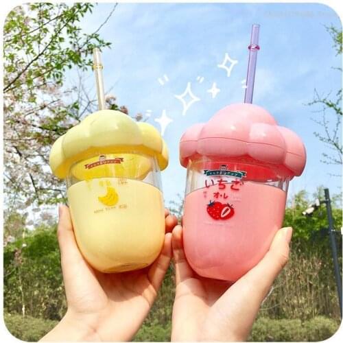 Beverage bottle 350 ml plastic water bottle cartoon fruit snack pattern straw cup portable cloud cup cover girl gift decoration