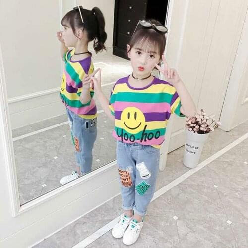 Children Clothes Girls Fall Outfits 2019 New Big Girl Casual Sports Sets Cartoon Print Tops +Jeans Two-piece Sets Clothing