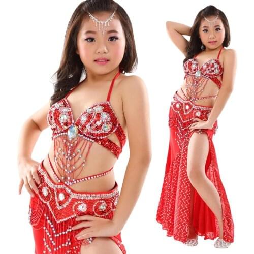 Kids Belly Dance Professional Performance Costumes Top Grade Children Belly Dance Clothing Oriental Dance Outfit Bra Belt Skirt
